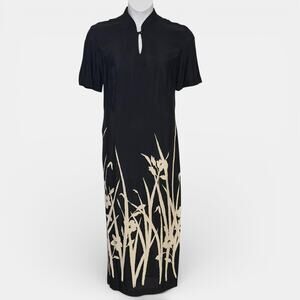 Vintage 90s WNY Black Maxi Dress Size 14 Sheer Rayon Iris Botanical Border USA